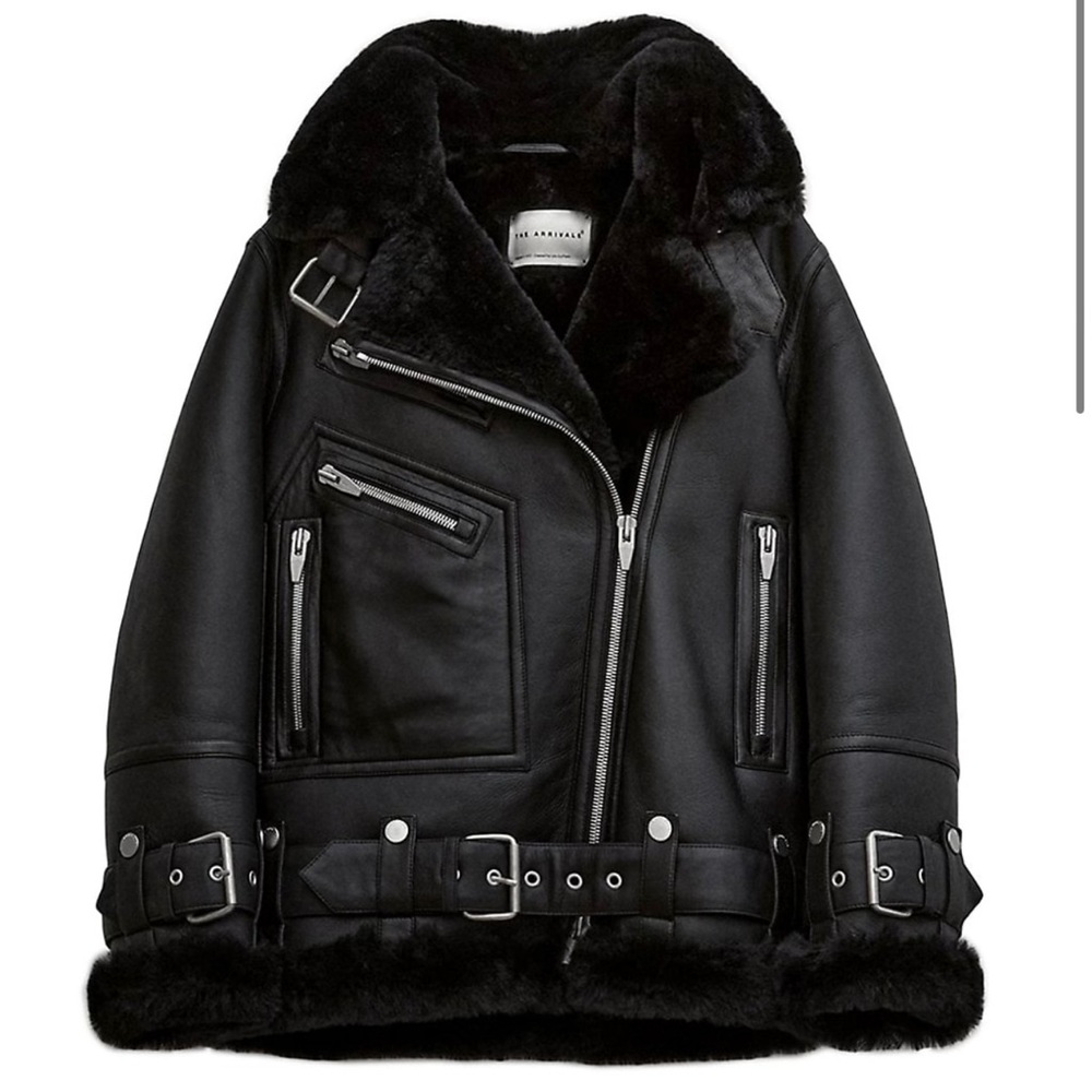 The Arrivals Moya Leather & Shearling Moto Jacket M - Picture 2 of 6